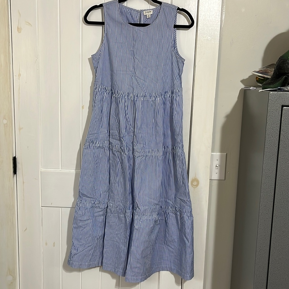 J. Crew white and blue stripe ruffle tier midi dress. Size 0. 98% cotton